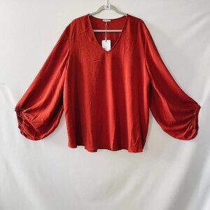 NWT Jodifl Womens Red Orange Bubble Sleeve Flowy Artsy V-Neck Blouse Plus 3X